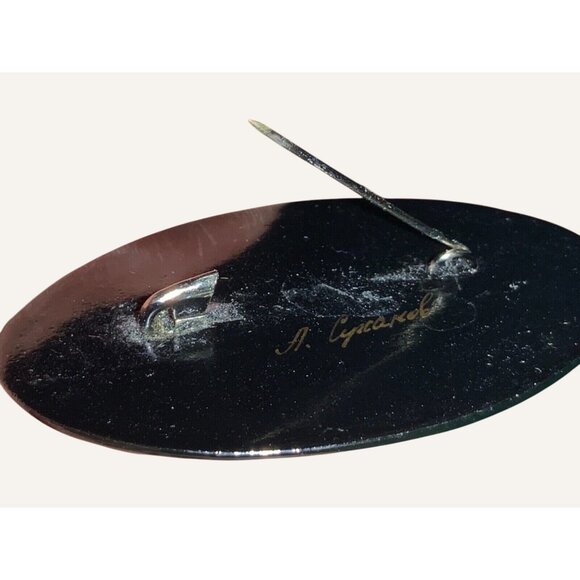 Signed Hand Painted Vintage Floral Pin Brooch Black Lacquer Red Yellow Floral - Picture 7 of 8